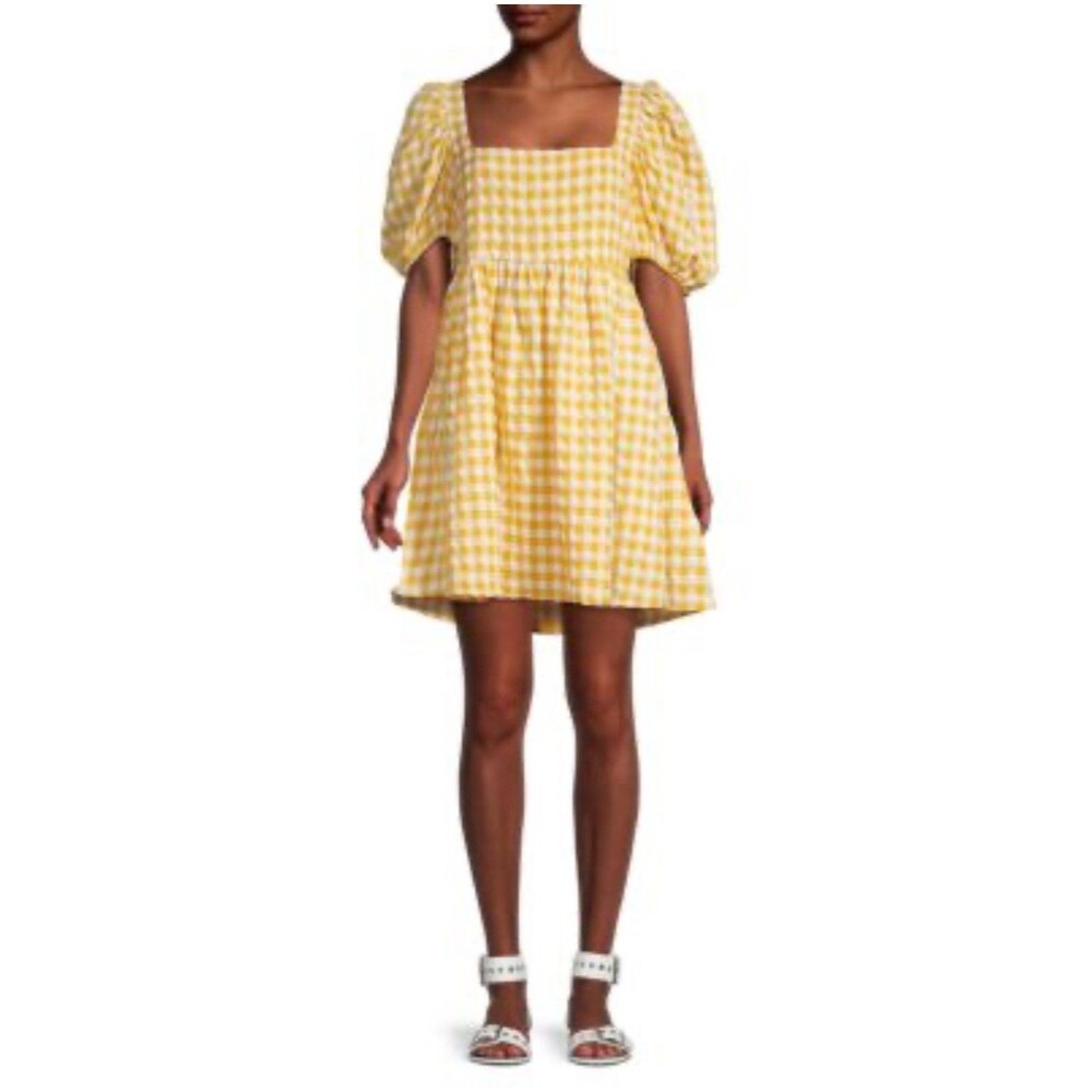 Jacquie The Label Puff Sleeves Mini Yellow Gingham Back Bow Dress-M